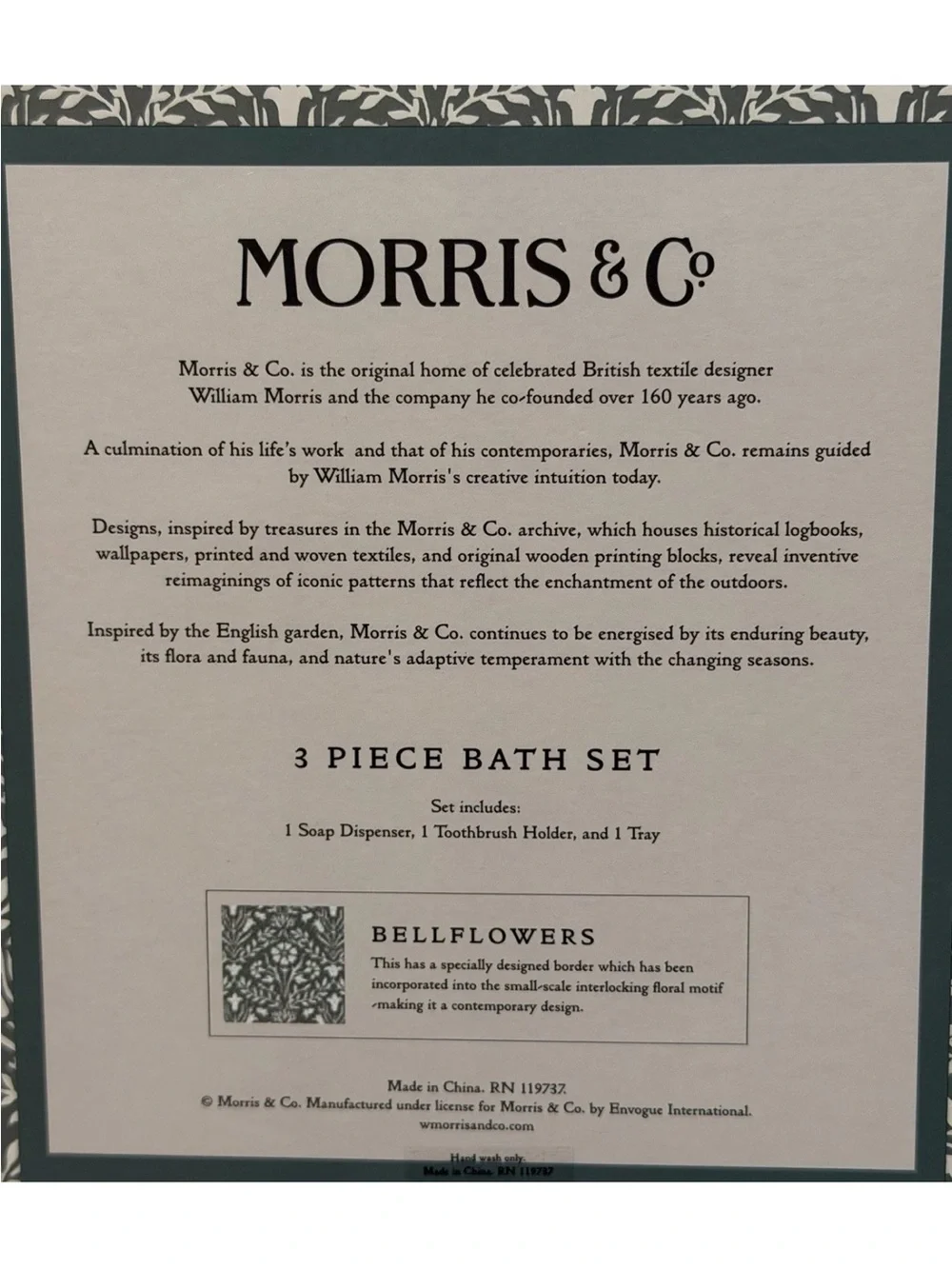 William Morris & Co Bathroom Vanity 3pc SET Tray Bellflower Etched Green Glass